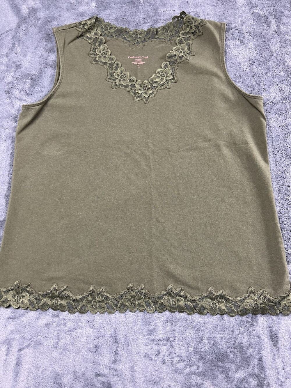 Coldwater Creek Olive Green Sleeveless Tank Top Shirt Size XL With Lace Trim